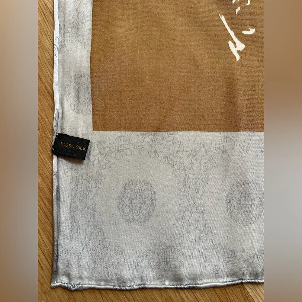 Vintage 100% Silk Oriental Asian Hand Rolled Scarf brown silver large rectangle